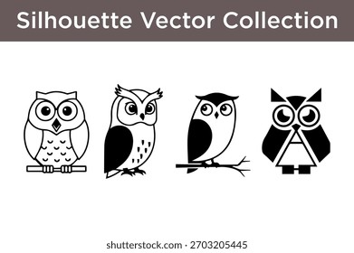 A set of four distinct black and white vector illustrations of owls, each with a unique stylized design.
