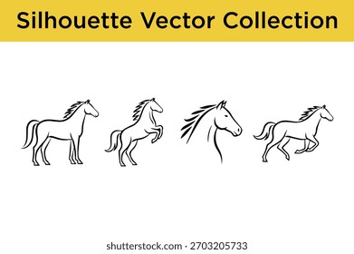 A set of four distinct black and white silhouette vector illustrations of horses, showcasing different movements and stances.