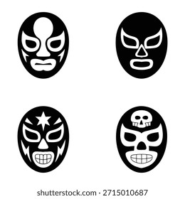 Um conjunto de quatro distintas, negras representações gráficas em preto e branco das tradicionais máscaras de luchador wrestling mexicanas, perfeitas para projetos de design cultural ou esportivo.