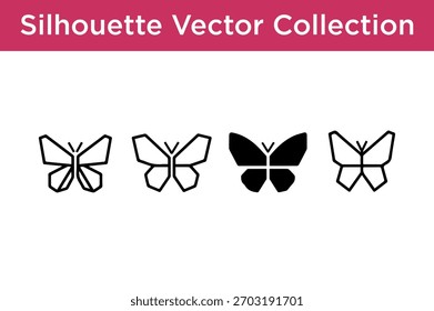 A set of four distinct butterfly vector graphics, showcasing different stylized designs and one solid silhouette.