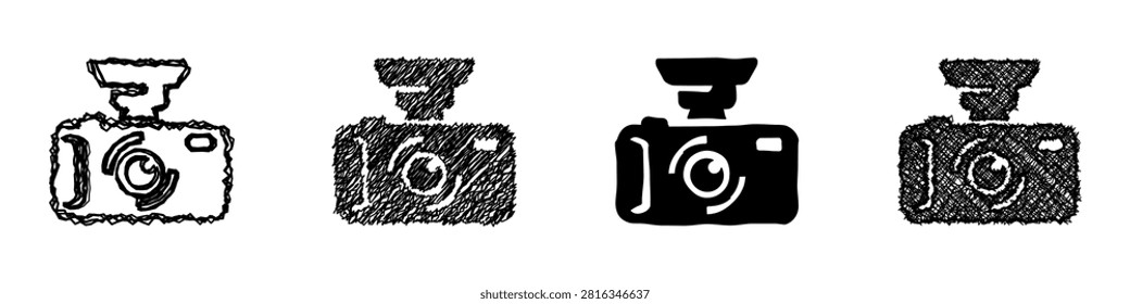 A set of four distinct camera illustrations, each rendered with unique artistic techniques and textures for visual variety