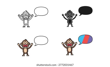 A set of four distinct cartoon monkey graphics, each with a speech bubble, showcasing different artistic styles from outline to solid fill and colorful accents. Ideal for communication, marketing, or educational content.