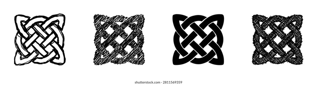 A set of four distinct Celtic knot patterns, showcasing different artistic interpretations and textures for versatile design applications