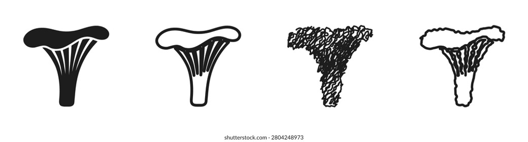 A set of four distinct chanterelle mushroom illustrations, including solid silhouette, outline, sketchy, and detailed line art