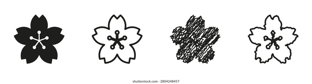 A set of four distinct cherry blossom graphics, showcasing solid silhouette, outline, sketch, and detailed line art styles