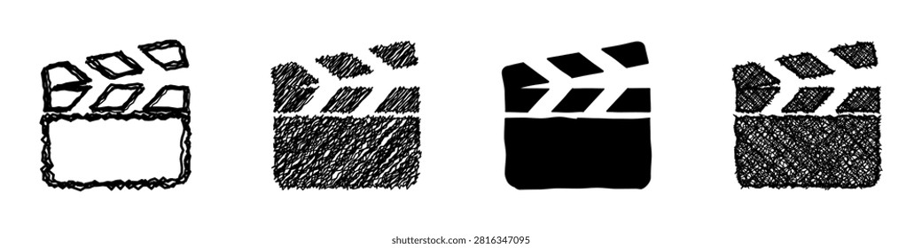 A set of four distinct clapperboard illustrations, showcasing various artistic interpretations for movie production and cinema