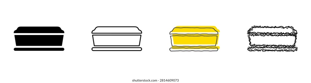 A set of four distinct coffin icons, each rendered in a unique artistic style, representing different visual interpretations of the same object