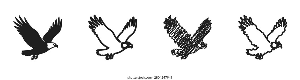 A set of four distinct eagle illustrations, showcasing a solid silhouette, a clean outline, a scribbled sketch, and a rough line drawing