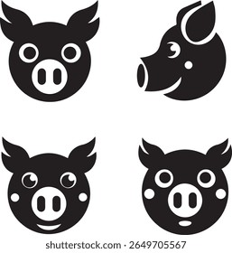 a set of four distinct flat black vector pig head and face illustrations