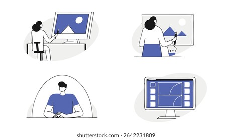 Set of four distinct flat vector illustrations – colorful and creative designs for web, print, apps, or educational content.
