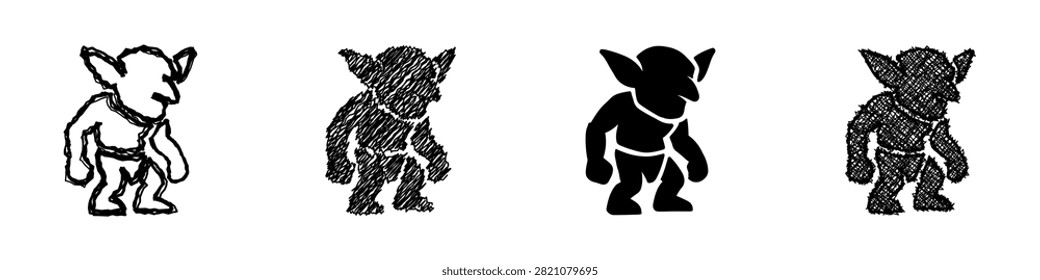 A set of four distinct goblin illustrations, showcasing varied artistic interpretations from line art to solid silhouette and textured fills