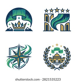 A set of four distinct graphic logos incorporating crowns stars buildings compasses and aurora borealis patterns for branding.