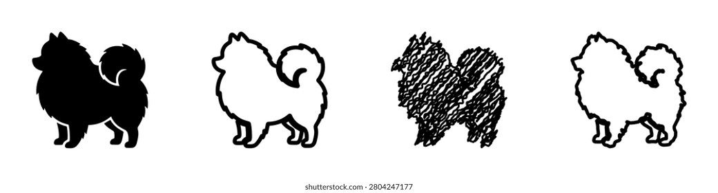 A set of four distinct graphic representations of a Pomeranian dog, including a silhouette, outline, sketch, and filled outline