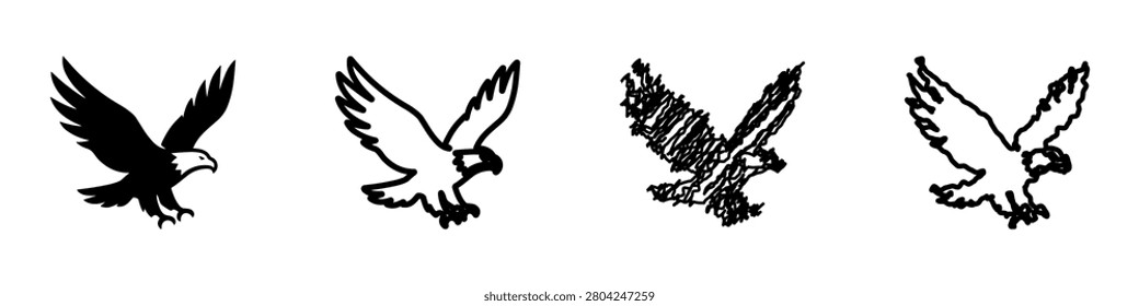 A set of four distinct graphic representations of an eagle in mid-flight, each with a unique visual style from solid silhouette to sketchy outlines