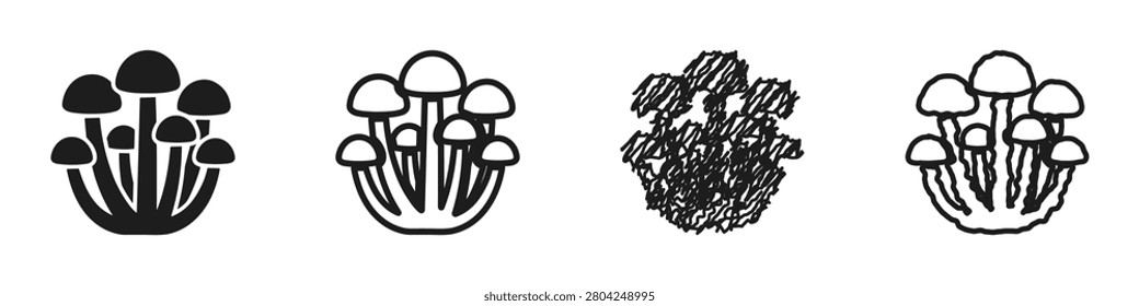A set of four distinct graphic representations of a cluster of mushrooms, showcasing different artistic styles and line work