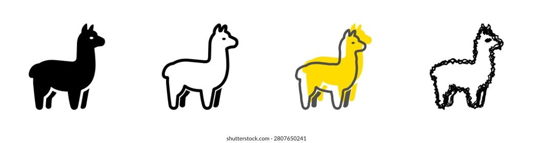 A set of four distinct graphic representations of camelids, showcasing different artistic approaches from solid silhouette to sketchy outline