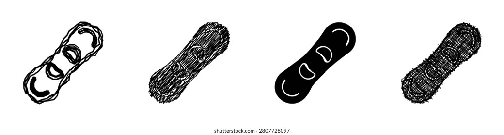 A set of four distinct graphic representations of a snowboard, showcasing varied artistic techniques and styles for diverse design needs