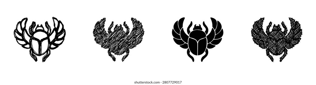 A set of four distinct graphic representations of the winged scarab beetle, a significant ancient Egyptian symbol
