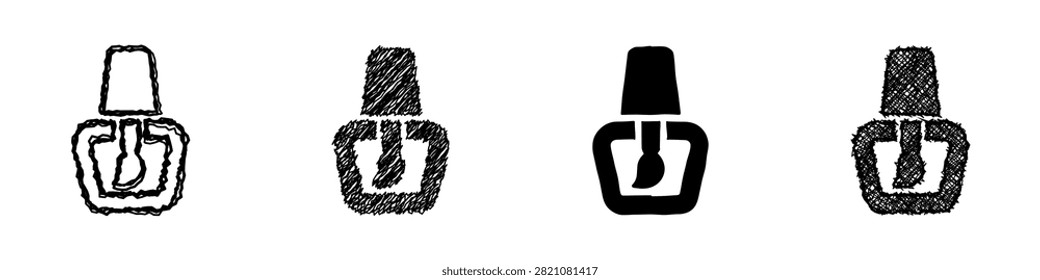 A set of four distinct graphic representations of a nail polish bottle, showcasing different artistic interpretations and textures