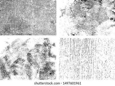A set of four distinct grunge textures. Abstract vector noise and small, uneven particles. Subtle grunge texture overlay with fine particles isolated on a white background. EPS10.