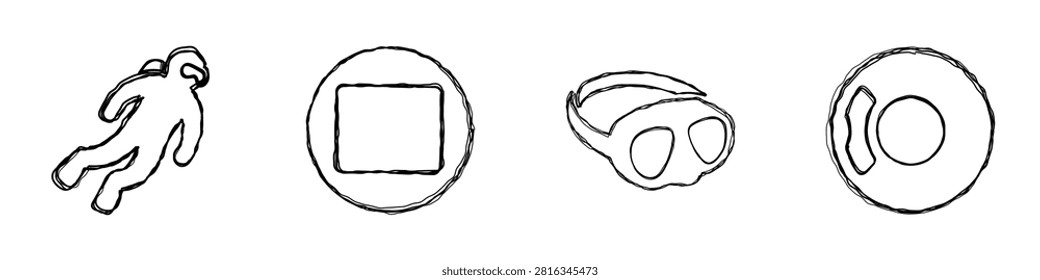 A set of four distinct hand-drawn line art illustrations, each conveying a unique symbolic meaning or object