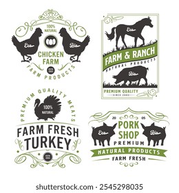 A set of four distinct labels showcasing farm products, including chicken, turkey, pork, and beef. Each label highlights eco-friendly practices and premium quality.