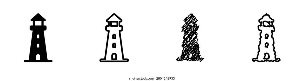 A set of four distinct lighthouse graphic representations, including solid, outline, sketched, and textured styles, symbolizing maritime guidance