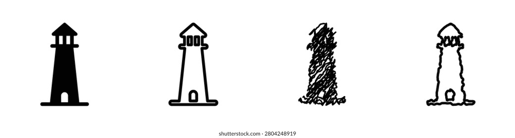 A set of four distinct lighthouse graphics, including solid silhouette, outline, sketch, and textured line art, representing maritime guidance
