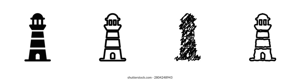 A set of four distinct lighthouse illustrations, including solid, outline, and sketched variations, symbolizing maritime guidance and safety