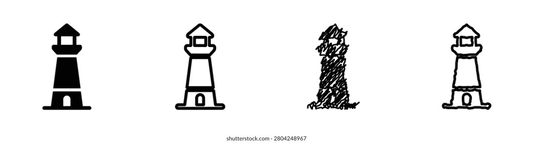 A set of four distinct lighthouse illustrations, including solid silhouette, outline, sketch, and textured line art, representing maritime navigation aids
