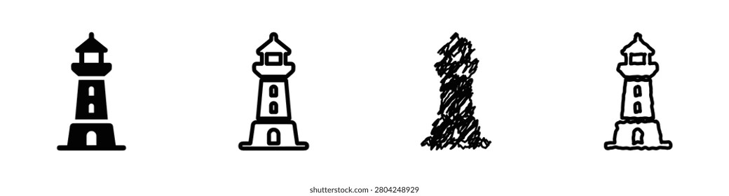 A set of four distinct lighthouse symbols, including solid, outlined, and sketched variations, representing maritime guidance and coastal landmarks