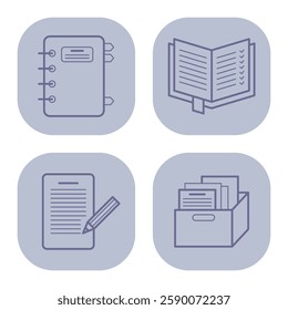 Set of four distinct line icons representing various office essentials such as planner, checklist, notepad with pencil, and storage box for documents