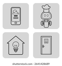 Set of four distinct line icons showing mobile phone, playful robot, light bulb inside house, and door