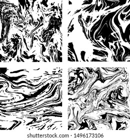 A set of four distinct liquid textures, imitating marble, acryllic and watercolor paint swirls. Overlay background. Vector illustration isolated on white background. Eps10. 