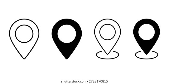 A set of four distinct location pin icons displayed on a white background. The icons are rendered in black and white, featuring both outline and solid fill variations. Two of the icons are classic pin shapes with a circular head and pointed base, while the other two include an additional circular base indicating a fixed spot on a map. These versatile icons are ideal for use in digital maps, navigation apps, websites, or any design requiring a clear representation of a specific geographical point or point of interest.