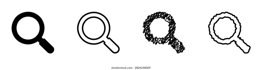 A set of four distinct magnifying glass symbols, each rendered with a unique artistic interpretation and outline