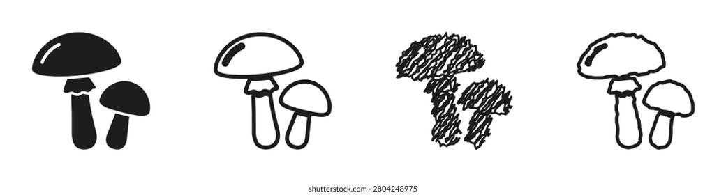 A set of four distinct mushroom illustrations, including silhouette, outline, sketch, and line art styles