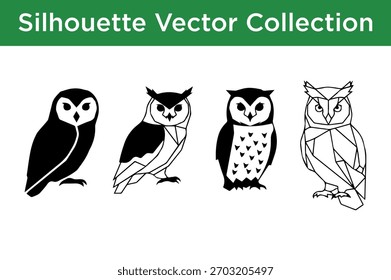 Um conjunto de quatro ilustrações de coruja distintas apresentadas como silhuetas vetoriais, mostrando diferentes estilos artísticos.