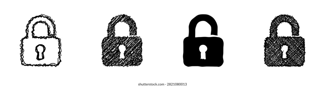 A set of four distinct padlock icons, showcasing different artistic interpretations from rough sketches to solid silhouettes, representing security and access