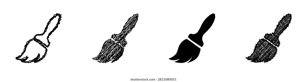 A set of four distinct paint brush icons showcasing various artistic interpretations from sketch to solid silhouette