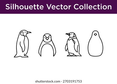 Un conjunto de cuatro siluetas de pingüino distintas en un estilo de arte de línea de Vector limpio.