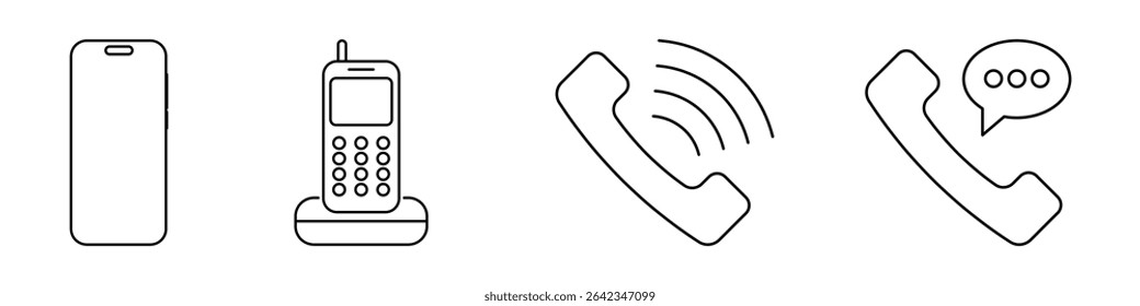 Set of four distinct phone icon designs featuring various styles of telephone illustrations, perfect for communication apps, contact pages, and digital interface projects