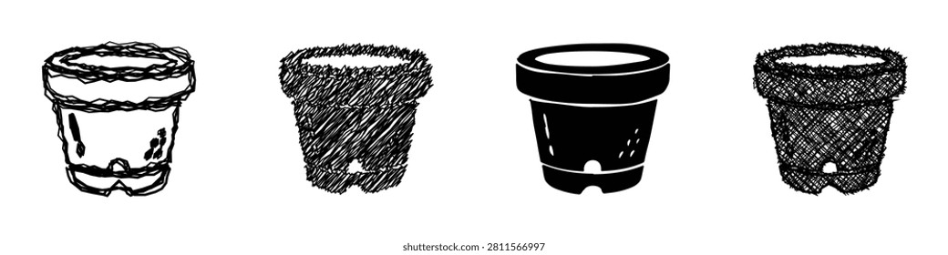 A set of four distinct plant pots, rendered with different artistic techniques including sketching and solid silhouette