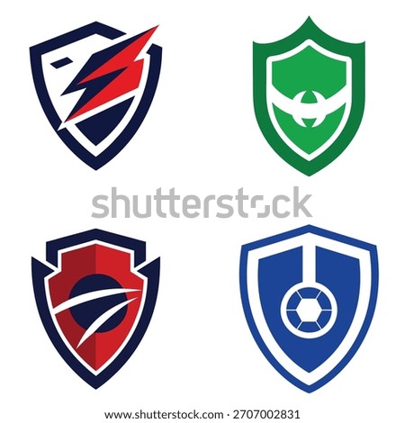 Set of four distinct shield emblem logos for sports teams, security, and gaming.