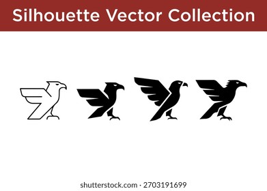 Un conjunto de cuatro Ilustraciones vectoriales de siluetas distintas de águilas, mostrando diferentes estilos artísticos y poses.