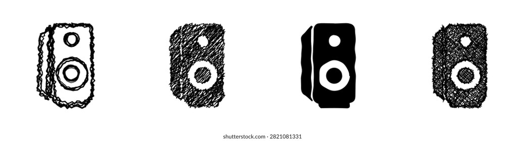 A set of four distinct speaker icons, each rendered with a unique artistic interpretation, showcasing different textures and line work for visual variety