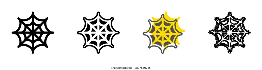 A set of four distinct spider web graphics, showcasing different artistic interpretations and styles for versatile use
