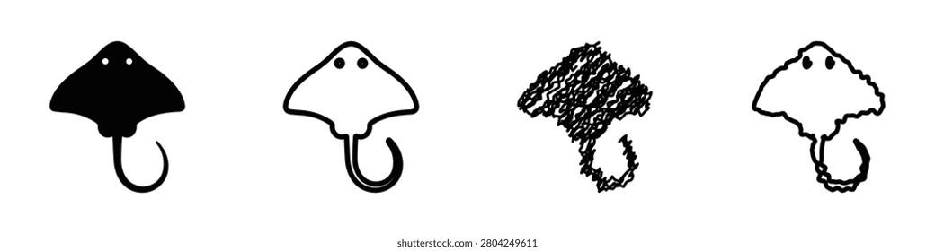 A set of four distinct stingray graphics, including a solid silhouette, an outline, a sketchy drawing, and a rough sketch