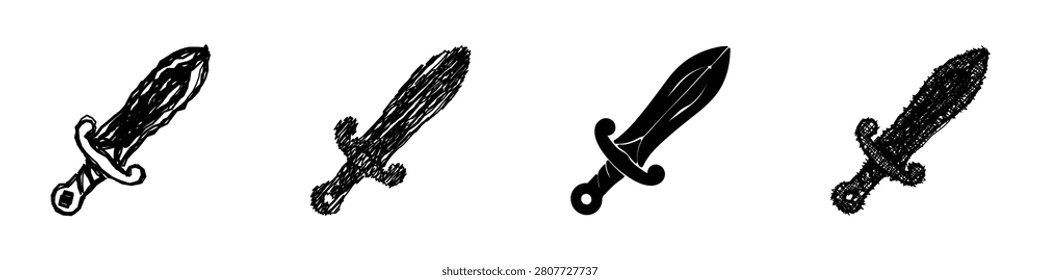 A set of four distinct sword illustrations, each rendered with a unique artistic approach from rough sketches to solid silhouettes