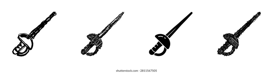 A set of four distinct sword illustrations, featuring both solid silhouettes and sketched textures for a versatile design element